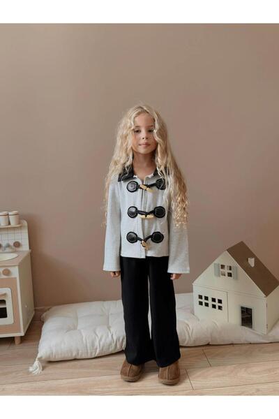 RAPAPA Gray Buckled Knitwear Jacket and Black Ribbed Pants Girl's Set 6008