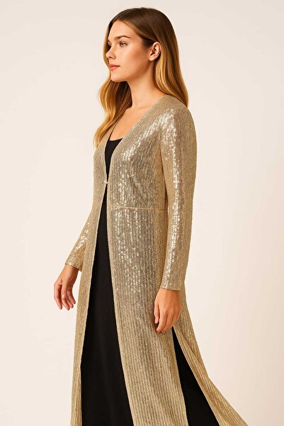 Şans Kadın Büyük Beden Bej, Pul Payet İşli, Agraf Kapama, Uzun Abiye Hırka 65N39203