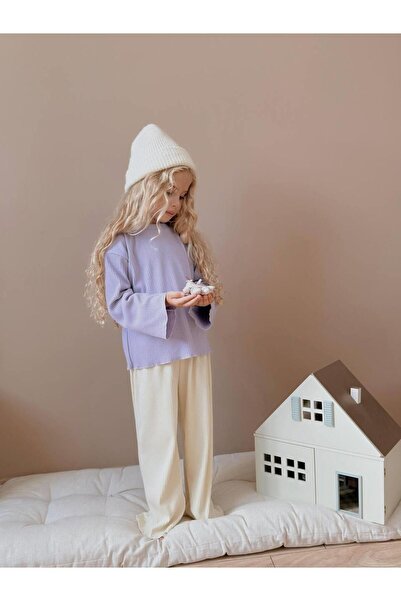 RAPAPA Lila Ribana Sweatshirt ve Ekru Kadife Pantolon Kız Çocuk Kombini 6006