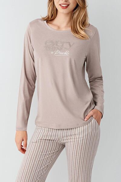 Arnetta Set de pijamale confortabile pentru femei, cu bumbac 100% piese, cu guler deschis, cu mâneci lungi, în dungi