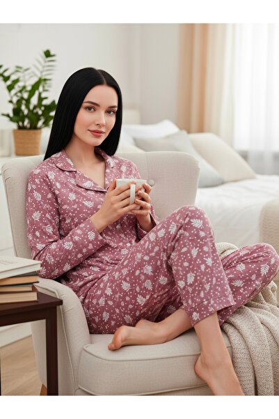 Bravie Σετ πιτζάμες από σουέτ πουκάμισο 7008 Nature Pattern Powder