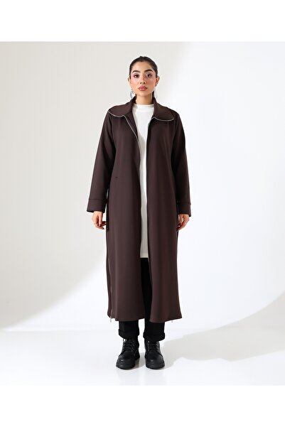 Fi'l Arz Fashion Women's Zipper Closure Slit Detail Long Cardigan