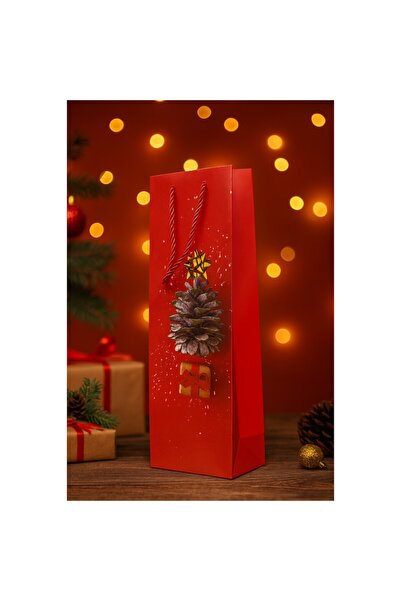 OEM Christmas gift bag for bottles, cardboard, 35 x 12 x 9 cm, Red/Gold