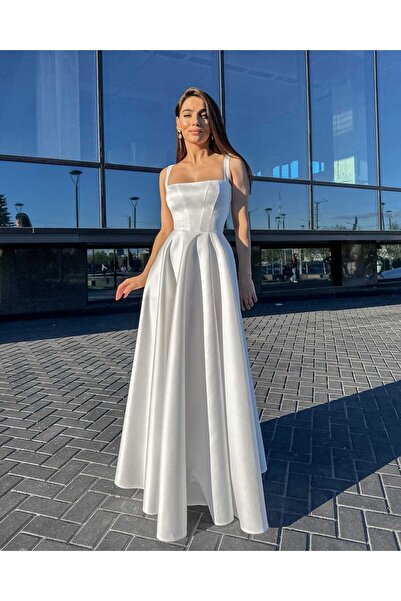 LARIETTE White wedding dress, matte satin, A-line cut, corset, fully lined