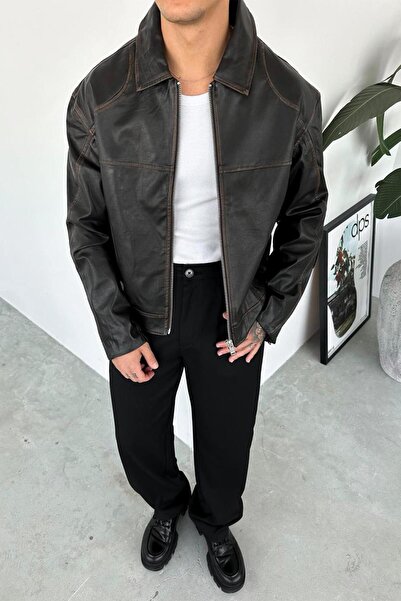 HAFKAGİYİM Vintage Design Distressed Detail Leather Jacket