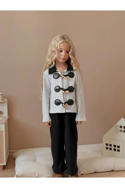 RAPAPA Gray Buckled Knitwear Jacket and Black Ribbed Pants Girl's Set 6008