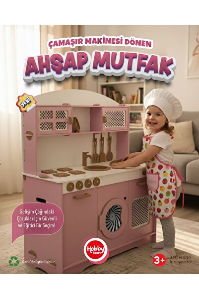 HOBBY HOUSE Çamaşır Makinesi Dönerli Pembe Ahşap Mutfak Seti Servis Seti ve Led