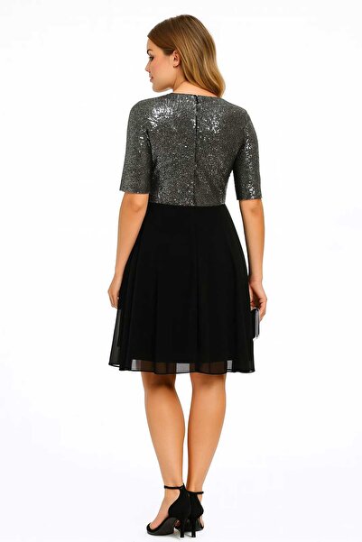 Şans Women's Plus Size Silver-Black, Sequin Detail, Wrap Neck Evening Dress 65N39202