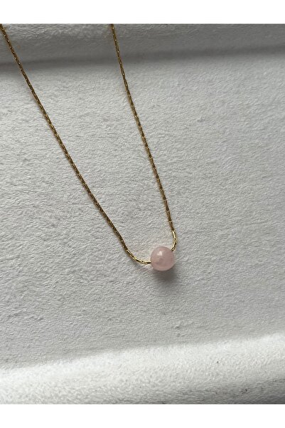 Pel Design Pembe Kuvars Taşı Altın Kaplama Kolye El Yapımı