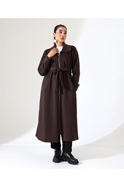 Fi'l Arz Fashion Women's Zipper Closure Slit Detail Long Cardigan