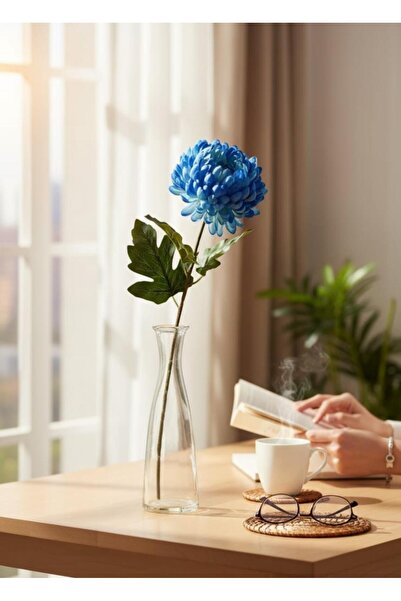 Nettenevime Yapay Çiçek Krizantem Mavi 90cm Tek Dal Kumaş Çiçek Uzun Dal