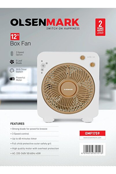 Olsenmark 12-inch Square Frame Fan, 3 Speeds, 5 Blades, 60-min Timer, 45W Motor, Overheat Protection