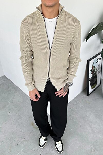 HAFKAGİYİM Beige Full Zip Basic Knit Sweater
