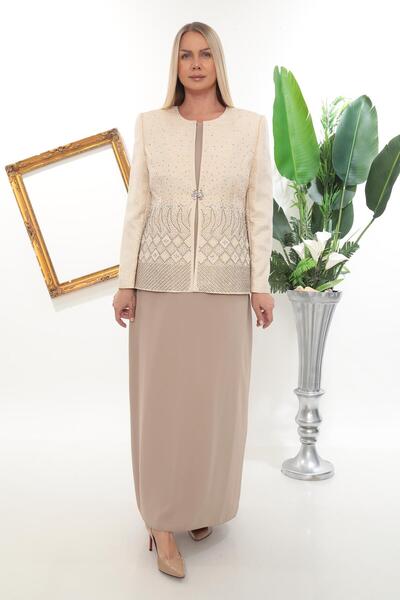MİSS DİAMOND طقم مكون من قطعتين من سترة طويلة مبطنة باللون البيج الحجري الأنيق