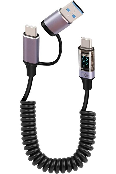SYOSI 100W PD USB-C Fast Charging Coiled Cable with LED Display (2-in-1 A-to-C & C-to-C, 4ft)