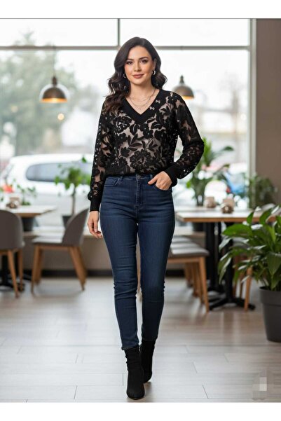 aytenli V-Neck Embossed Ethnic Motif Figured Transparent Crisp Blouse with Tiny Collar Accessories