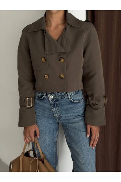 OLSAMODA Women's Lined Double-Breasted Cut Buttoned Mini Trench Coat