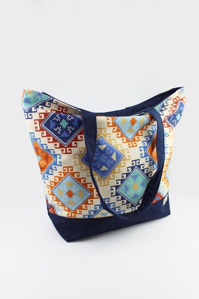 İLKYAZ Сумка через плече великого розміру з синьою тканиною з візерунком килим, на блискавці, для жінок, 30x35x12