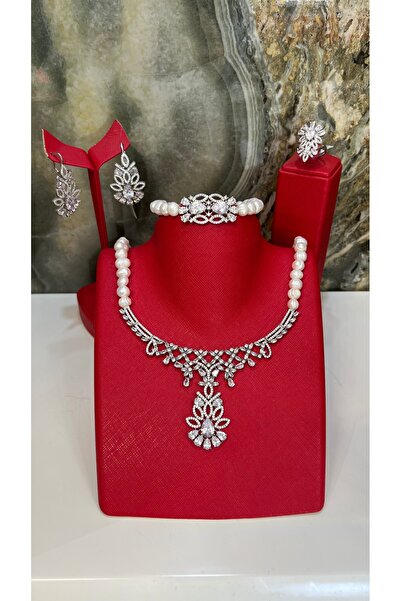 TRİA SİLVER Kültür İnci ve Zirkon Taşlı 4'lü İnci Set, 925 Ayar Gümüş, Rodyum Kaplama, Kolye Küpe Yüzük Bileklik