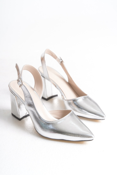LEVONYA Women's Silver Wrinkled Patent Leather Side Open Thick Pointed Heeled Shoes