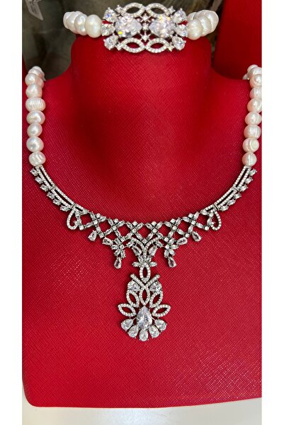 TRİA SİLVER Kültür İnci ve Zirkon Taşlı 4'lü İnci Set, 925 Ayar Gümüş, Rodyum Kaplama, Kolye Küpe Yüzük Bileklik