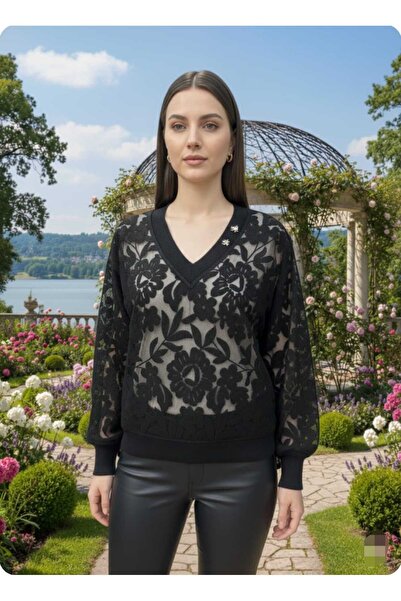 aytenli V-Neck Embossed Ethnic Motif Figured Transparent Crisp Blouse with Tiny Collar Accessories