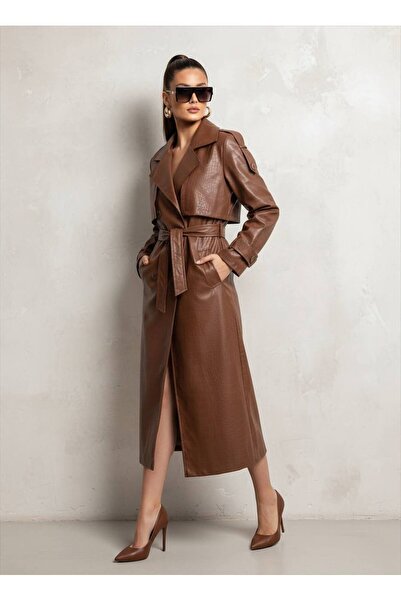 1Moda1Tarz Imported Leather Coat with Brooch Detail and Lining, Special Design, Including Belt