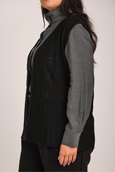 Uludağ Triko Жіночий чорний мереживний вишитий мерсеризований трикотажний жилет 30029