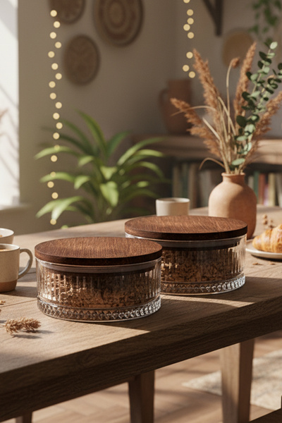 Snippy Bella Plus - 2'li Cam Kase Çerezlik Kahvaltılık Şekerlik Ahşap Vakumlu Kapaklı Kase 510 ml