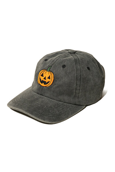 Nome Studio Antrasit Halloween Şapka Turuncu Balkabağı Nakışlı Gri kumaş üstüne Kostümlü Parti Aksesuarı