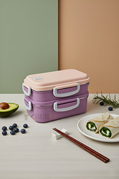 KaktüsKedi 2-Layer Aurora Stainless Steel Leakproof Lunch Box - Food Carrying and Storage Container Pink