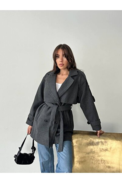 Zeynep Öykü Style Women's Cashmere Cape Windbreaker Detailed Buttoned Belted Short Coat