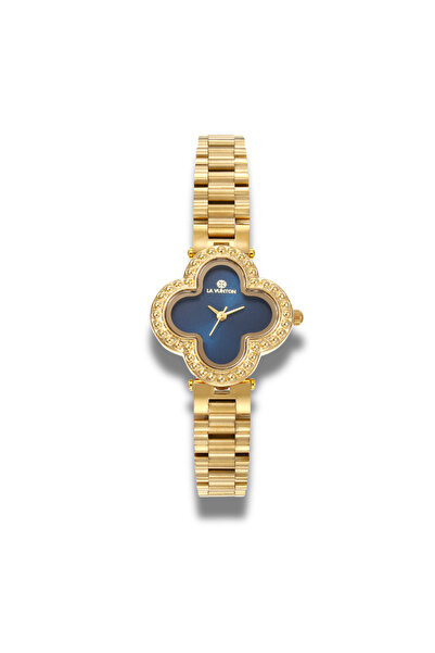 la vunton Laventon gold watch with a luxurious floral design and a shiny blue...