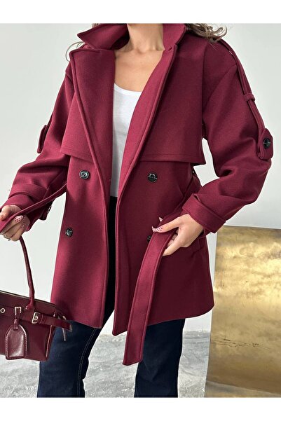 Zeynep Öykü Style Women's Cashmere Cape Windbreaker Detailed Buttoned Belted Short Coat