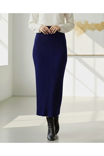 Modamorfo Elastic Waist Pleated Knit Skirt - Navy
