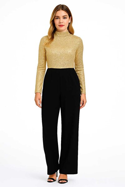 Şans Women's Plus Size Gold-Black, Sequin Embroidered, Sleeve Y Slit Wide Leg Evening Dress Jumpsuit with Pockets 65N39204