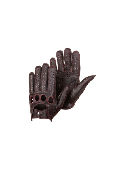 Hungant Manusi barbati pentru condus din piele de cerb negru cusut cu ata rosu