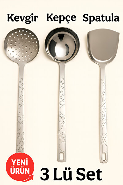 Funny Life Sade 3 Parça Paslanmaz Çelik Servis Takımı Kepçe Kevgir Spatula Çe...