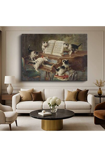 Genel Markalar Carl Reichert Piyano Başı Kediler Hayvan Resmi Kanvas Tablo Du...