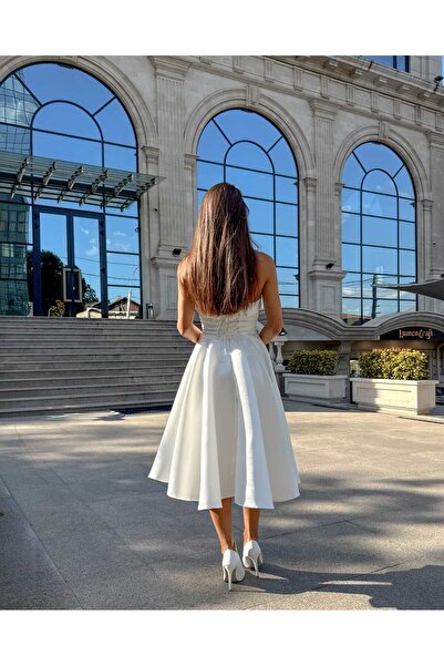 LARIETTE Elegant white midi dress, special, corset with slit, for party