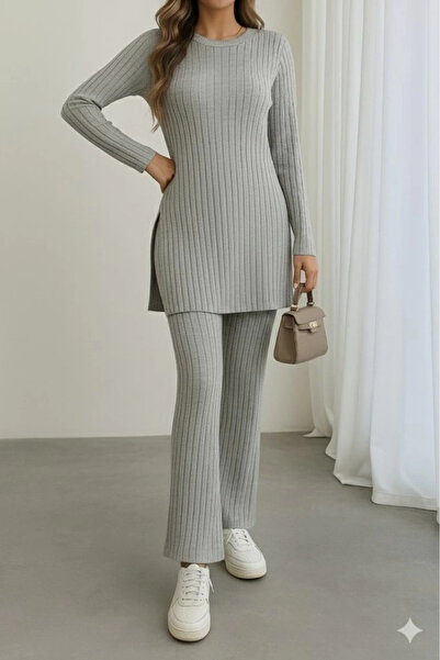 ARONA Women's long sleeve round neck side slit detailed Fleece-Lined Ribbed Knit blouse and pants two-piece set