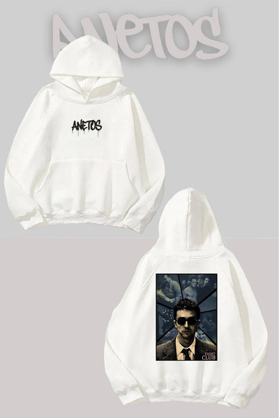 Anetos سترة Fight Club 2 Sırt مطبوع باللون الأبيض بغطاء رأس