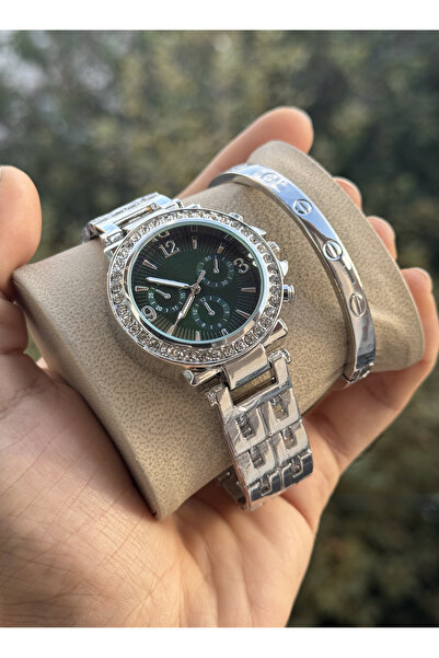 Tulpar Women's Silver Color Wristwatch with Zircon Stone in Special Box with Bracelet Gift