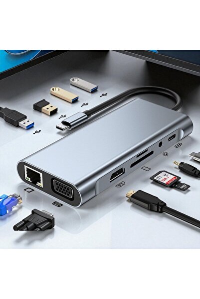 Technow محول من النوع C إلى HDMI وRJ45 ومنفذ USB 3.0 × 2 ومنفذ VGA لجهاز ماك بوك 11 في 1