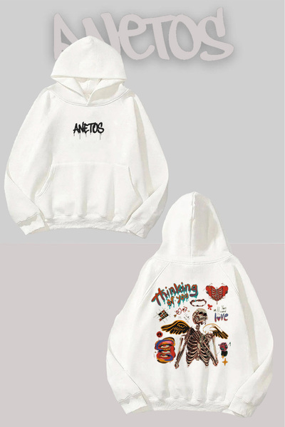 Anetos Te trimit dragoste Sırt cu imprimeu Alb cu glugă Swea tricou