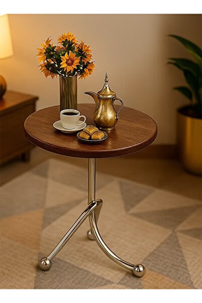Un طاولة جانبية دائرية خشب بتصميم عصري وقاعدة معدنية – مثالية لغرف المعيشة وا...