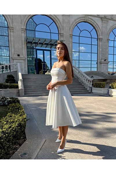 LARIETTE Elegant white midi dress, special, corset with slit, for party