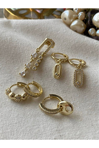 Zuzu Accessory 14K Çoklu Karışık Desenli Halka Küpe Seti | Gold Renk 6'lı Kombin