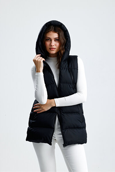 jöns since 1997 Γυναικείο μαύρο φουσκωτό γιλέκο με με κουκούλα τσέπες