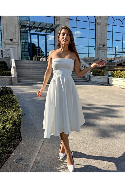LARIETTE Elegant white midi dress, special, corset with slit, for party